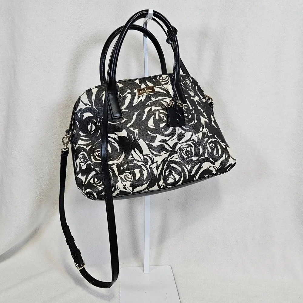 Kate Spade‎ Rose Floral Print Satchel Black White Rachel Crossbody Bag